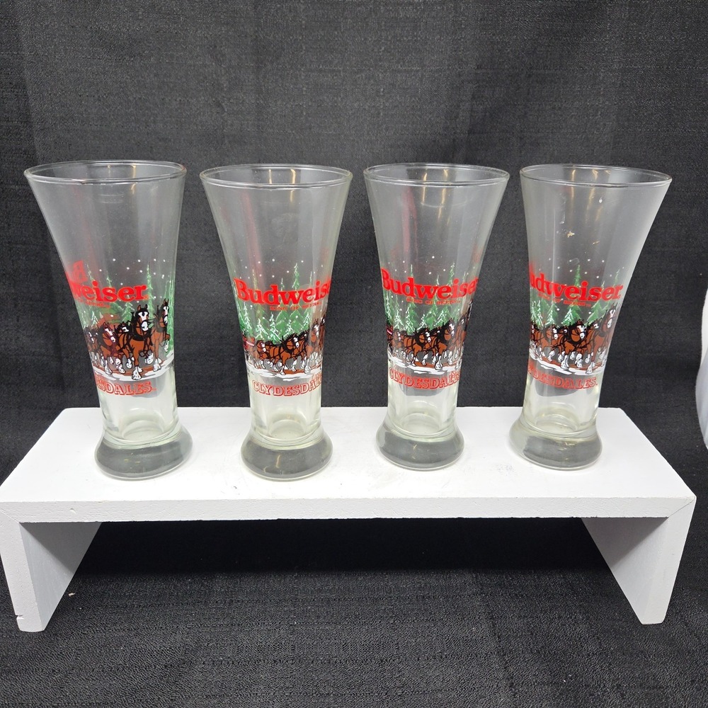 VTG‎ 1989 Budweiser Clydesdale Pilsner Glasses Set of 4 – Holiday Winter Beer